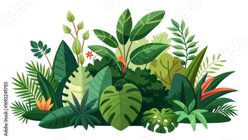 Vibrant illustration of lush tropical jungle foliage and exotic flowers on a white background