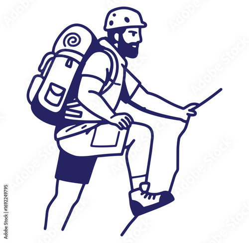 Illustration of a bearded hiker ascending a steep mountain trail with backpack and gear
