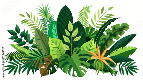 Vibrant tropical jungle foliage arrangement with lush green leaves and a single orange bird of paradise flower