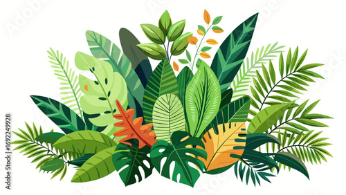 Vibrant tropical jungle leaves arrangement with various green hues and orange accents