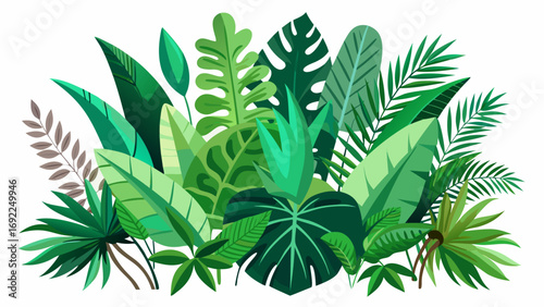 Vibrant tropical jungle foliage arrangement with diverse green leaves and palm fronds