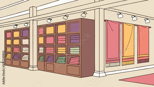 Interior design illustration textile shop shelves with towels and fabrics retail display colorful fabrics store interior shop design merchandising home goods soft furnishings textile di.