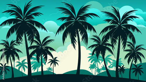 Silhouettes of lush palm trees against a vibrant turquoise sky with fluffy clouds and rolling hills