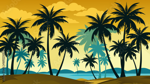 Vibrant tropical beach scene with silhouetted palm trees against a warm sunset sky and calm ocean waters