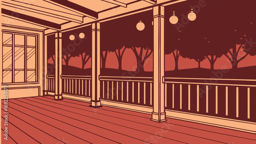 Rustic Porch Illustration Evening View of Wooden Deck with Trees and Lights.