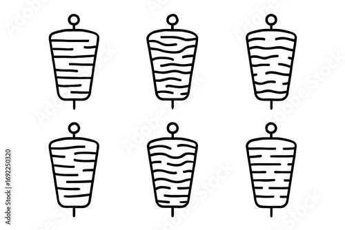 Set of six minimalist black line doner kebabs on white background