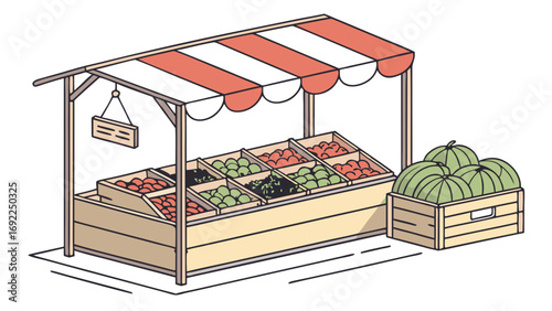 Isometric Illustration of a Fruit and Vegetable Market Stall with Striped Awning.