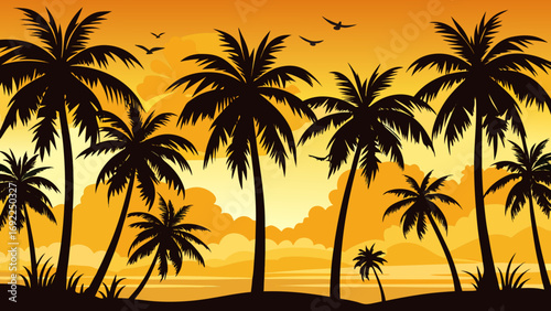 Silhouettes of palm trees and birds against a vibrant orange and yellow sunset sky over the ocean
