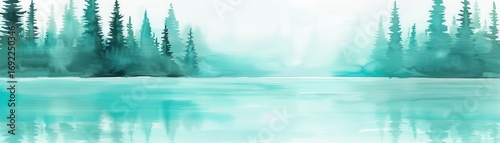 A serene watercolor landscape featuring a tranquil lake surrounded by tall, misty evergreen trees in shades of teal and turquoise.