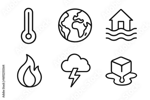 Climate change icons: temperature, earth, flood, fire, storm, ice melting