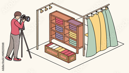 Isometric illustration of a photographer shooting products in a studio setup with shelves lighting and backdrop.