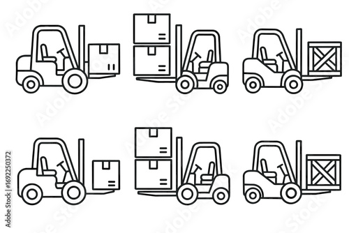 Black and white line art of forklifts lifting boxes and crates in various positions