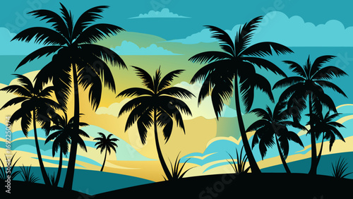 Silhouetted palm trees against a vibrant sunset sky with abstract clouds and ocean waves