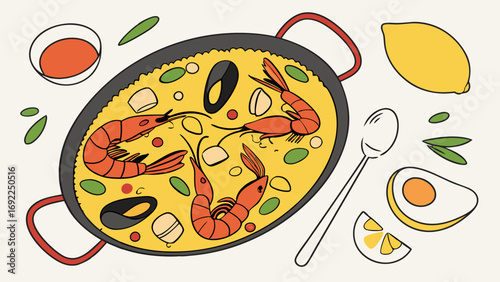 Seafood Paella Dish Overhead View Food Illustration Mediterranean Cuisine Recipe Culinary Art Shrimp Lemon Spoon Top Down Flat Lay Restaurant Menu Cookbook Healthy Eating Delicious.
