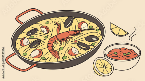 Seafood Paella Dish with Lemon and Sauce A Delicious Food Illustration.