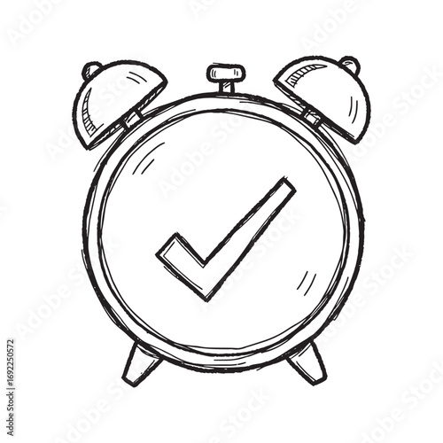 Hand drawn alarm clock icon with check mark, timely completion sketch, deadline approved doodle symbol, vector line art illustration.
