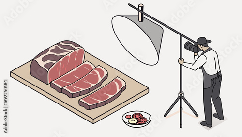 Isometric Illustration of Food Photography Setup with Steak and Vegetables.