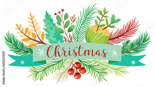 Festive christmas banner with watercolor foliage and berries for holiday greetings