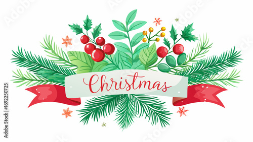 Festive christmas banner with pine branches holly berries and snowflakes on white background