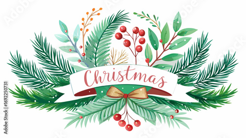 Festive christmas banner with evergreen branches red berries and a golden bow on white background