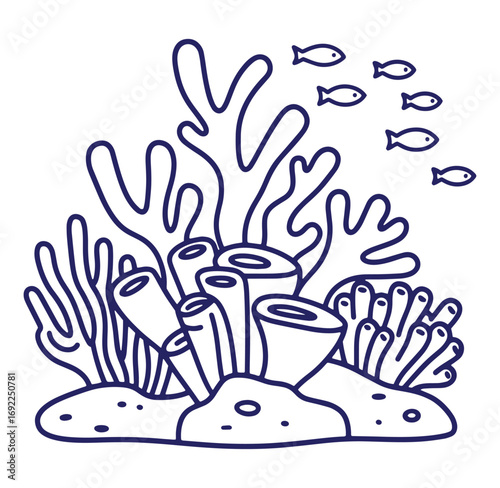 Simple cartoon illustration of a coral reef ecosystem with swimming fishes on white background