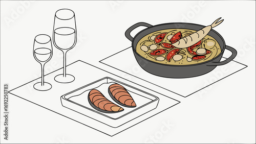 Isometric Illustration of Seafood Dinner with Champagne Flutes.