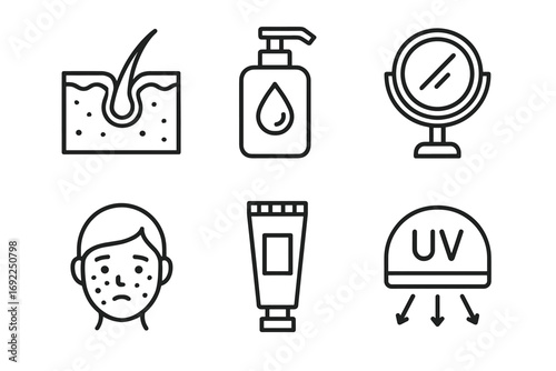 Skincare icons: hydration, acne solutions, uv protection, and face care essentials