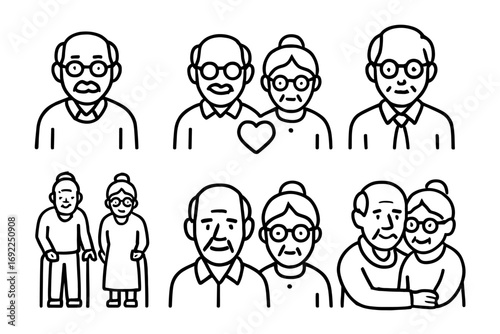 Elderly caucasian couple illustrations with glasses and heart symbol