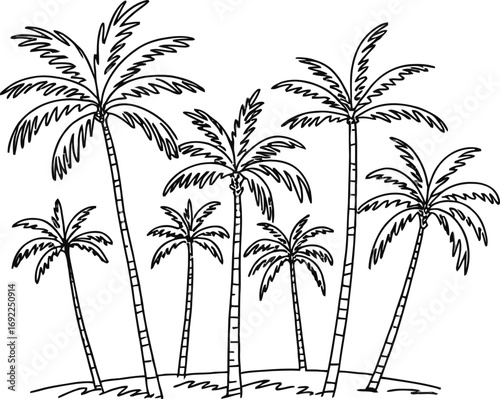 Outline drawing of group of palm trees on small island area