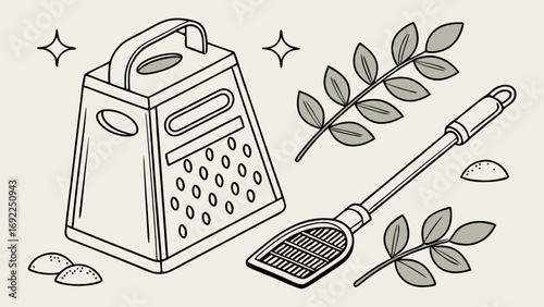 Kitchen Utensils Illustration Grater Zester and Herbs for Cooking Design.