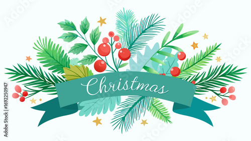 Festive christmas banner with pine branches holly berries and stars on white background