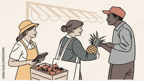 Shopping at a farmers market people buying fresh produce customer and vendor interaction healthy lifestyle fresh food organic produce illustration vector art market stall fruits and vege.