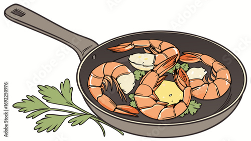 Shrimp Scampi in a Pan Seafood Cooking Illustration Food Design Menu Graphic.