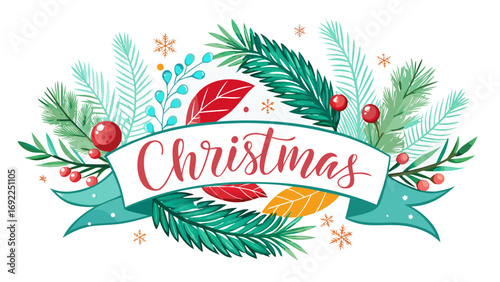 Festive christmas banner with evergreen branches holly berries and snowflakes on white background