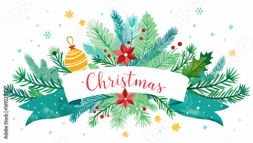 Festive christmas banner with pine branches poinsettias baubles and snowflakes for holiday greetings