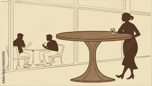 Silhouette illustration of people at cafe tables woman standing by high table with drink.