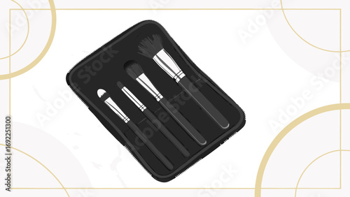 Makeup Brush Set in Black Case Cosmetic Brushes Beauty Tools Flatlay Illustration.