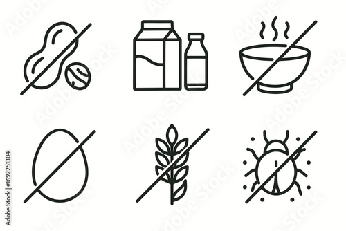 Allergy warning symbols for peanuts, milk, eggs, gluten, and insects