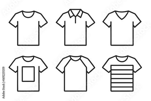 Variety of shirt designs: t-shirt, polo, v-neck, pocket, raglan, striped