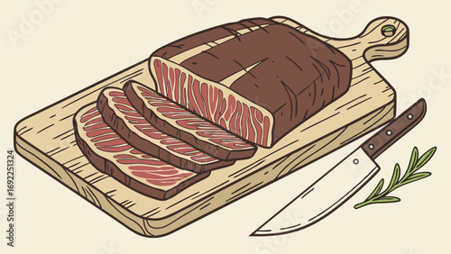 Sliced meat on a wooden cutting board with a knife and herbs illustration food design steak butcher kitchen recipe cooking menu restaurant graphic vector clipart vintage retro hand-.