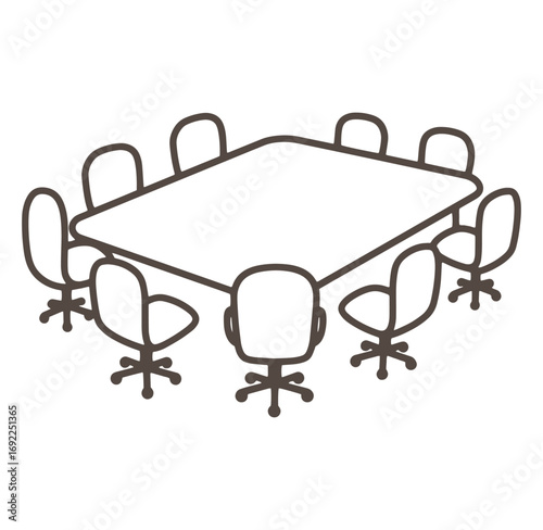 Simple line art illustration of a modern conference table with office chairs arranged around it