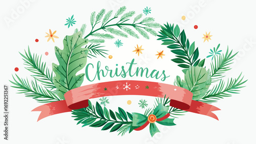 Festive christmas wreath with pine needles leaves and red ribbon with snowflakes and stars
