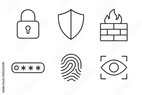 Minimalist cybersecurity icons featuring lock, shield, firewall, password, fingerprint, and eye scan