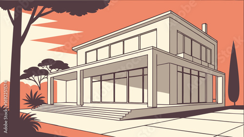 Modern House Architectural Illustration Contemporary Home Design Two-Story Building Exterior View Stylish Home Facade Home Design Concept Residential Building Illustration House Drawing A.