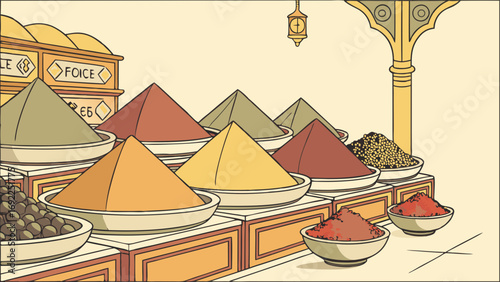Spice Market Illustration Colorful Spices in Conical Piles Eastern Bazaar Aromatic Herbs and Seasonings Food Illustration Culinary Design Market Stall Design Vintage Style Illustration Ha.