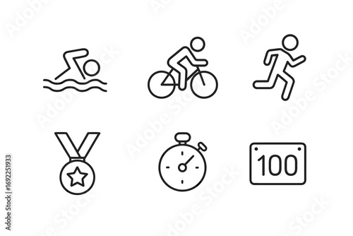 Outline icons of swimming, cycling, running, medal, stopwatch, number plate