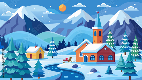 Charming winter village scene with snow covered mountains houses pine trees and a flowing river