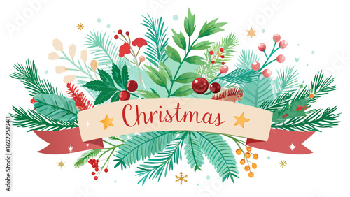 Festive christmas banner with pine branches holly berries and snowflakes on white background