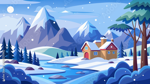 Cozy winter cabin nestled in a snowy mountain landscape with a flowing river and pine trees