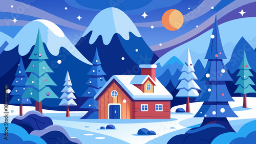 Cozy wooden cabin nestled amongst snow covered pine trees under a starry winter sky with a bright moon